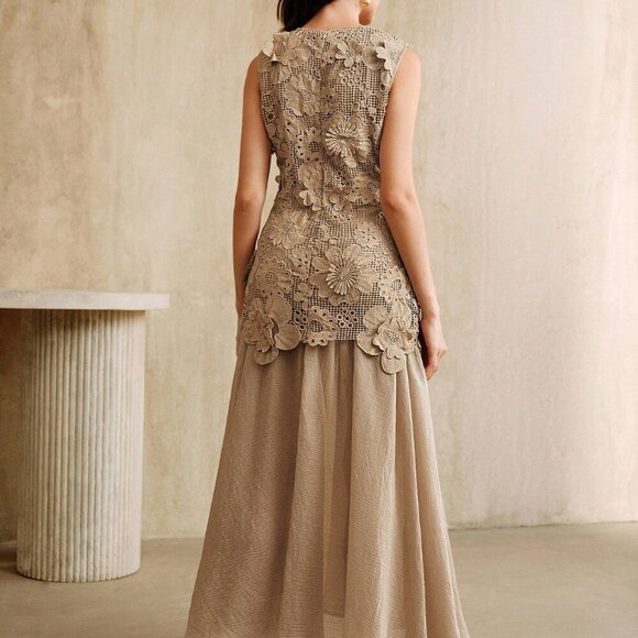 Khaki Elegant Women's Holiday Hollow Flower Patchwork Chiffon Dress - Picture 2 of 7